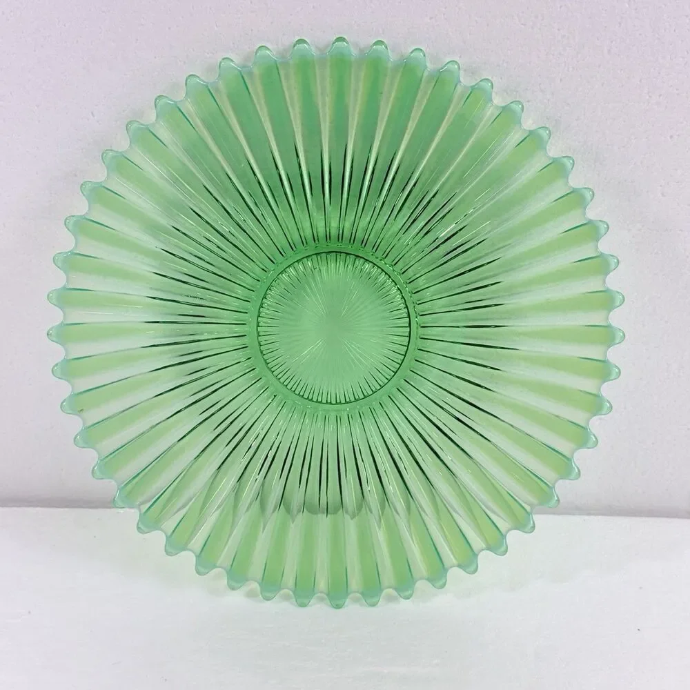 Vintage Green Opalescent Carnival Glass Bowl Sunburst Ribbed Spiked Beaded Edge